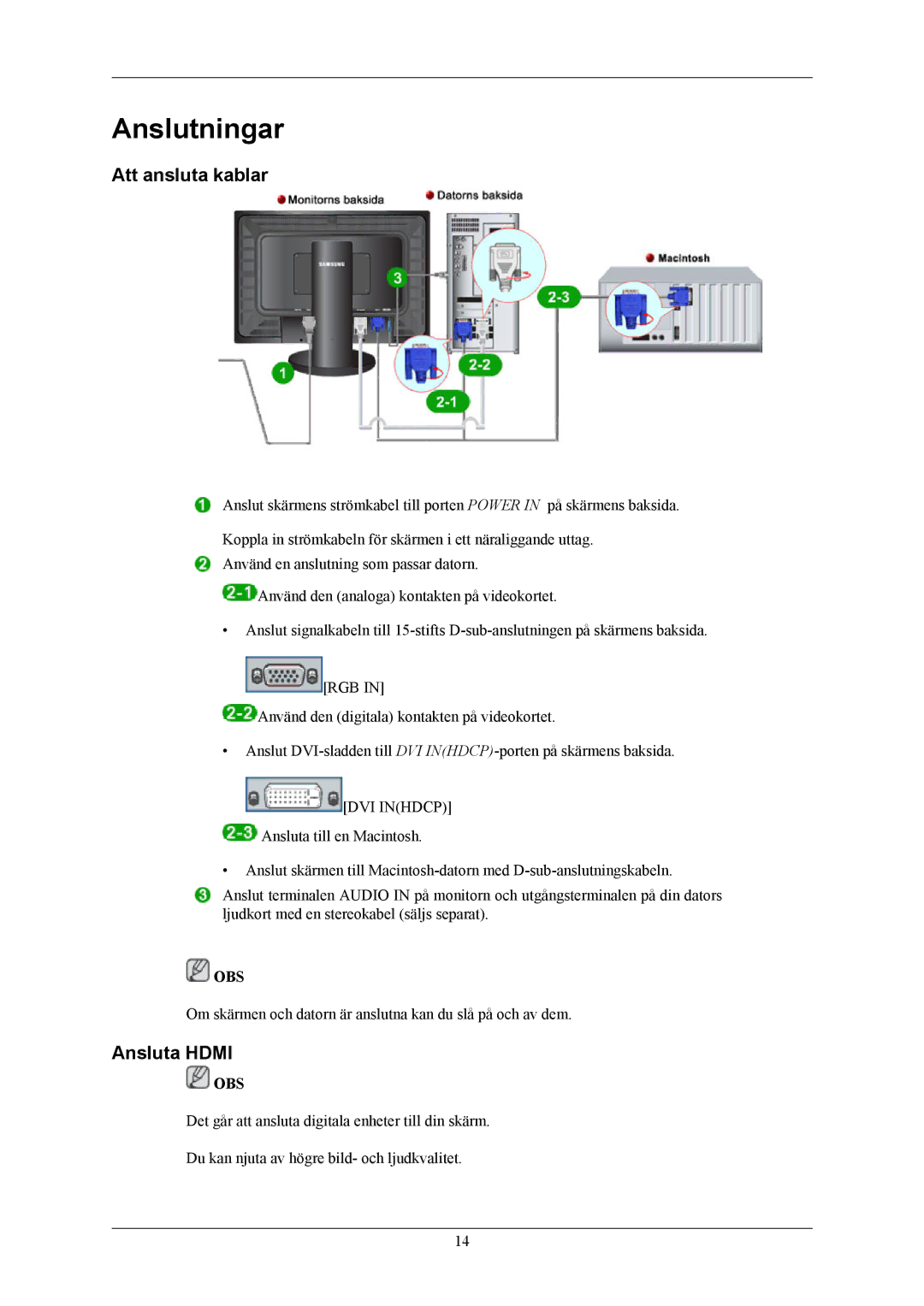 Samsung LS26KIEEFV/EDC, LS26KIERBV/EDC, LS24KIEEFV/EDC, LS24KIERBQ/EDC manual Anslutningar, Att ansluta kablar, Ansluta Hdmi 