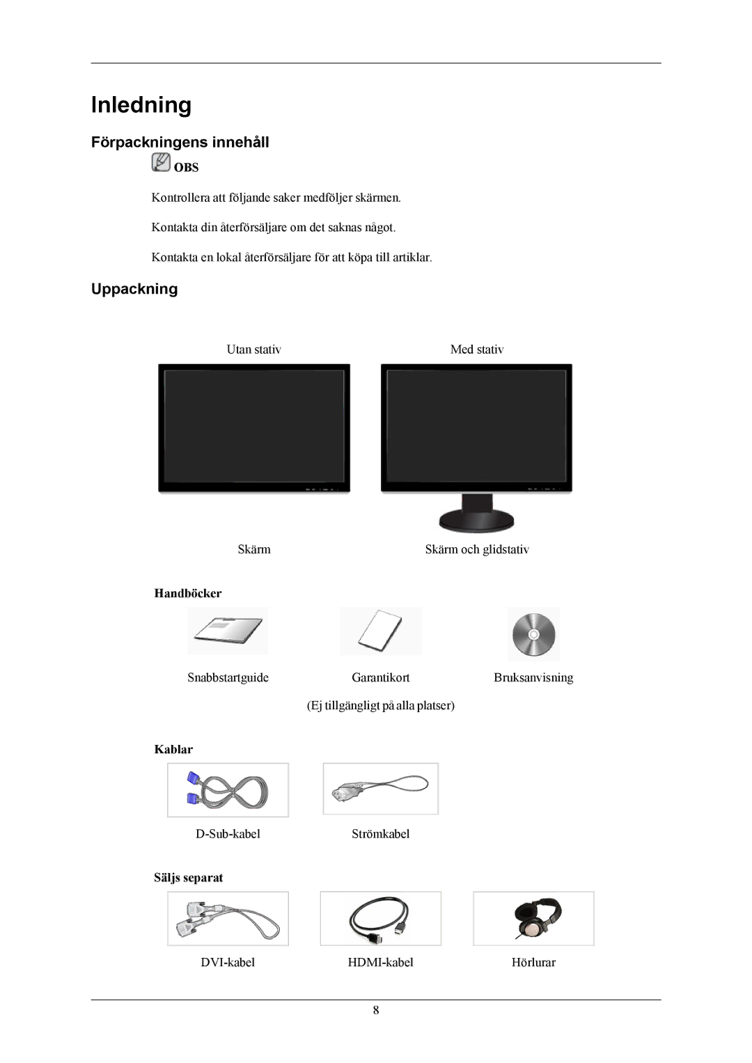 Samsung LS24KIEEFV/EDC, LS26KIERBV/EDC, LS24KIERBQ/EDC, LS26KIEEFV/EDC manual Inledning, Förpackningens innehåll, Uppackning 