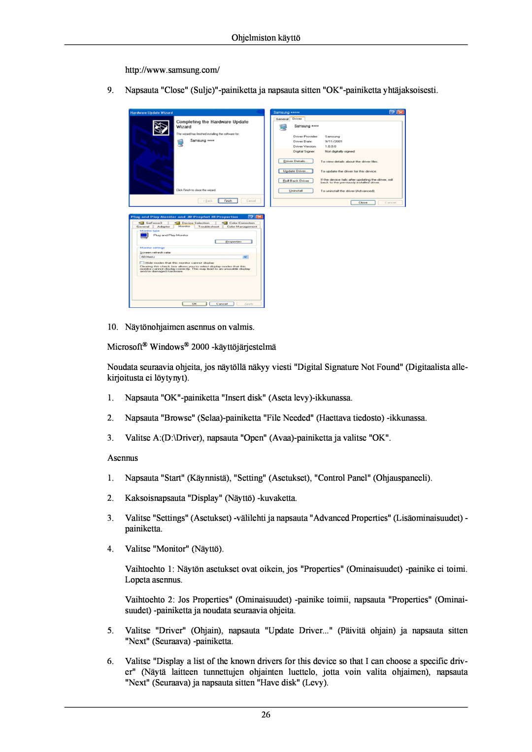 Samsung LS26KIEEFV/EDC manual Ohjelmiston käyttö, Napsauta OK-painiketta Insert disk Aseta levy-ikkunassa, Asennus 