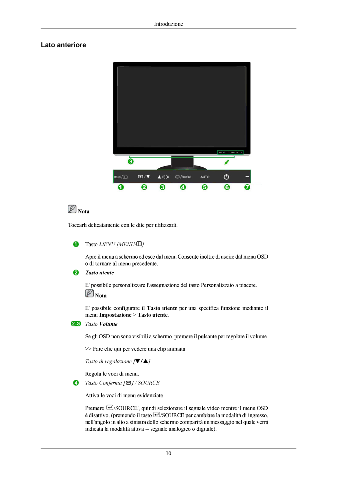 Samsung LS24KIEEFV/EDC, LS26KIERBV/EDC, LS24KIERBQ/EDC, LS26KIERBQ/EDC, LS26KIEEFV/EDC manual Lato anteriore, Tasto Menu Menu 