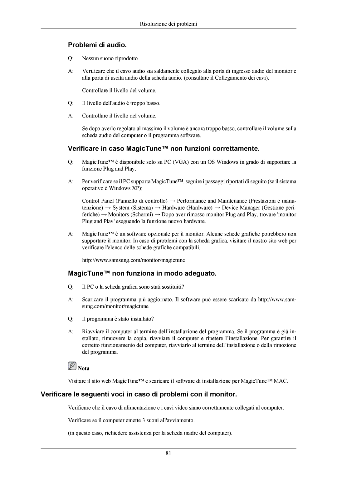 Samsung LS24KIERBQ/EDC, LS26KIERBV/EDC manual Problemi di audio, Verificare in caso MagicTune non funzioni correttamente 