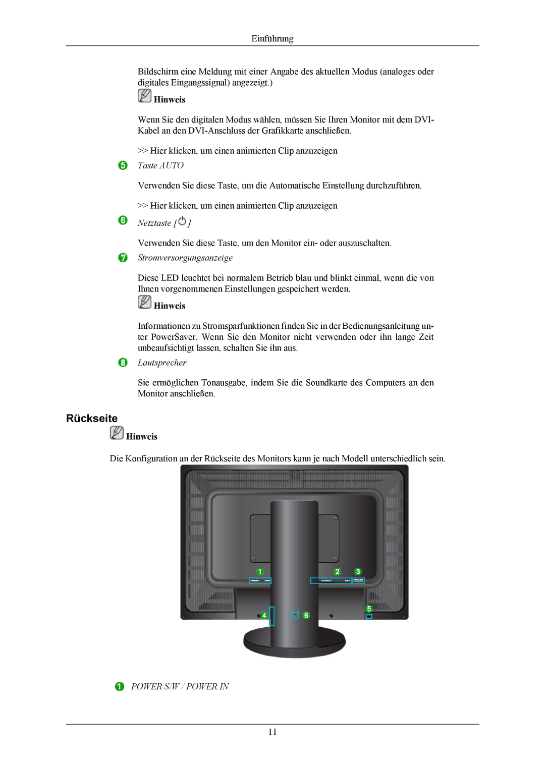 Samsung LS26KIEEFV/EDC, LS26KIERBV/EDC, LS24KIEEFV/EDC, LS24KIERBQ/EDC, LS26KIERFV/EDC Rückseite, Stromversorgungsanzeige 