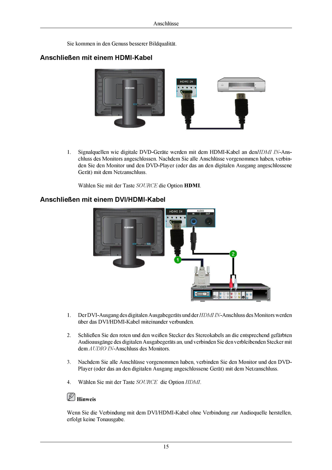 Samsung LS24KIERBQ/EDC, LS26KIERBV/EDC manual Anschließen mit einem HDMI-Kabel, Anschließen mit einem DVI/HDMI-Kabel 