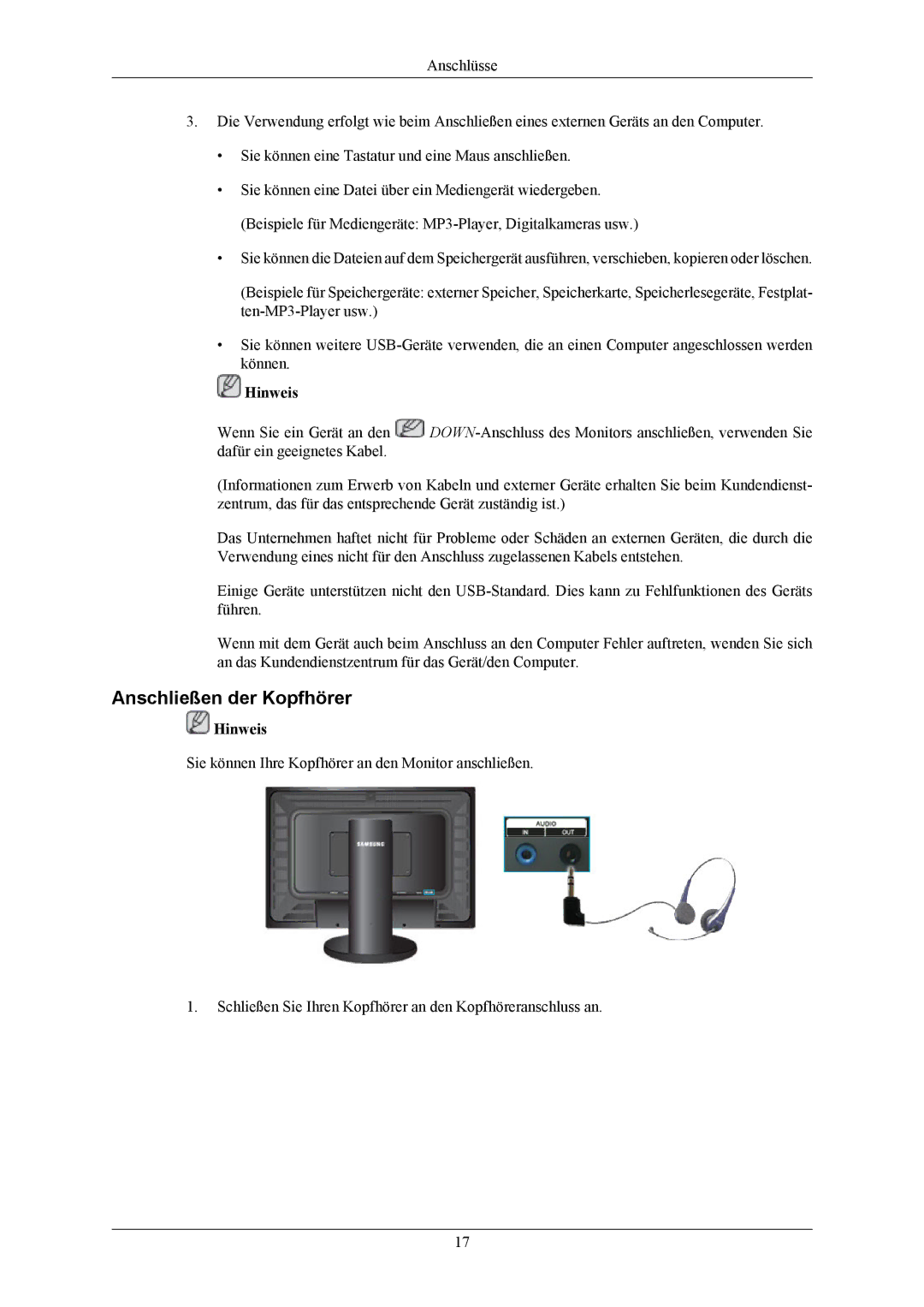 Samsung LS26KIERBQ/EDC, LS26KIERBV/EDC, LS24KIEEFV/EDC, LS24KIERBQ/EDC, LS26KIERFV/EDC manual Anschließen der Kopfhörer 