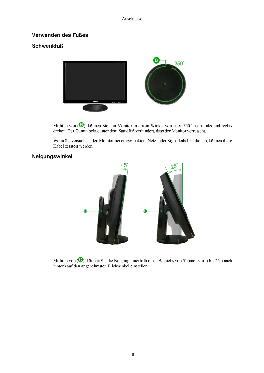 Samsung LS26KIEEFV/EDC, LS26KIERBV/EDC, LS24KIEEFV/EDC, LS24KIERBQ/EDC manual Verwenden des Fußes Schwenkfuß, Neigungswinkel 