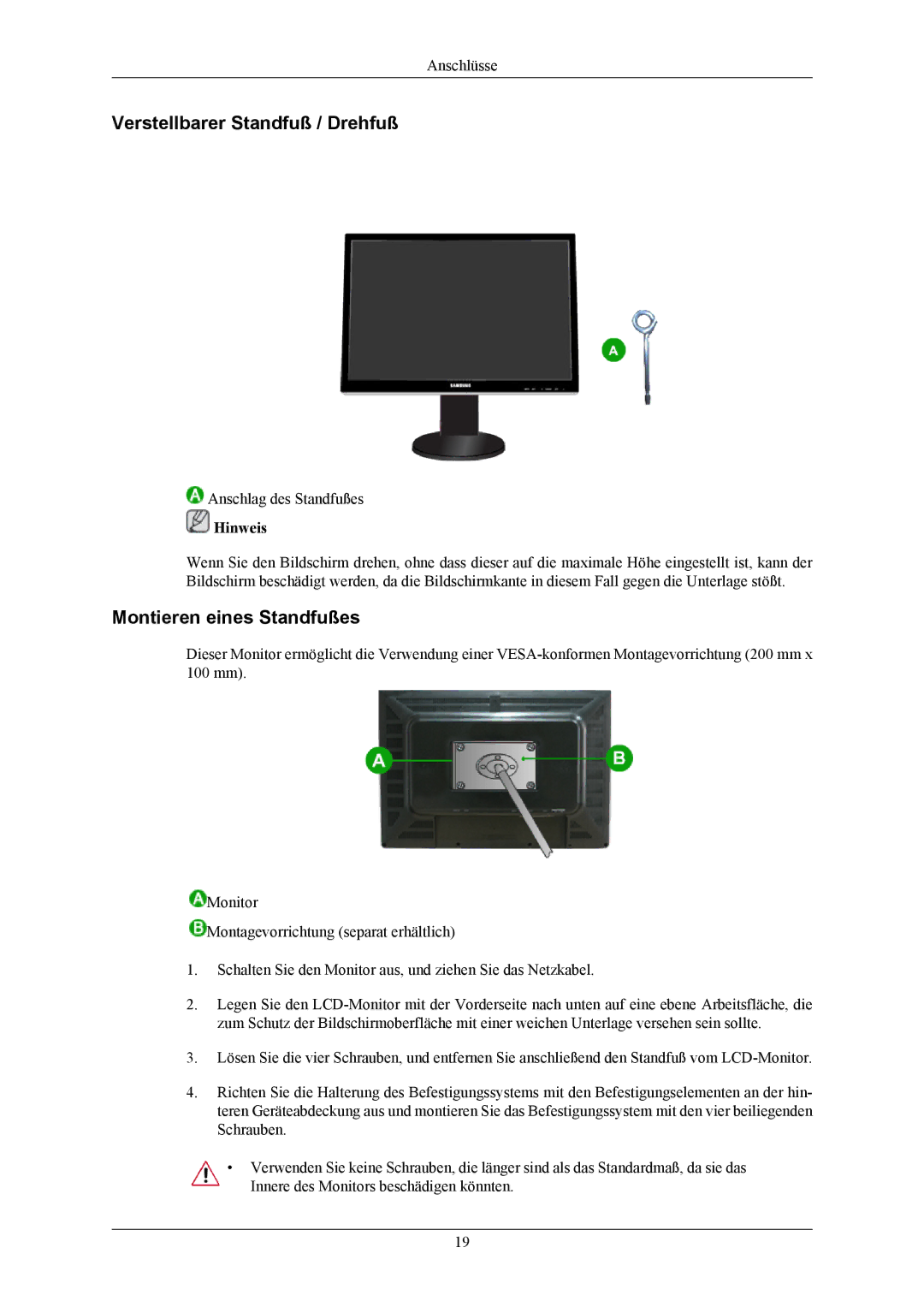 Samsung LS24KIERFV/EDC, LS26KIERBV/EDC, LS24KIEEFV/EDC manual Verstellbarer Standfuß / Drehfuß, Montieren eines Standfußes 