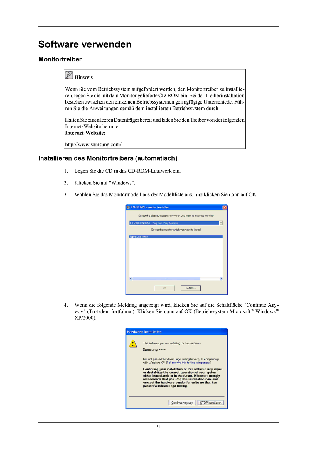 Samsung LS24KIEEFV/EDC manual Software verwenden, Installieren des Monitortreibers automatisch, Internet-Website 