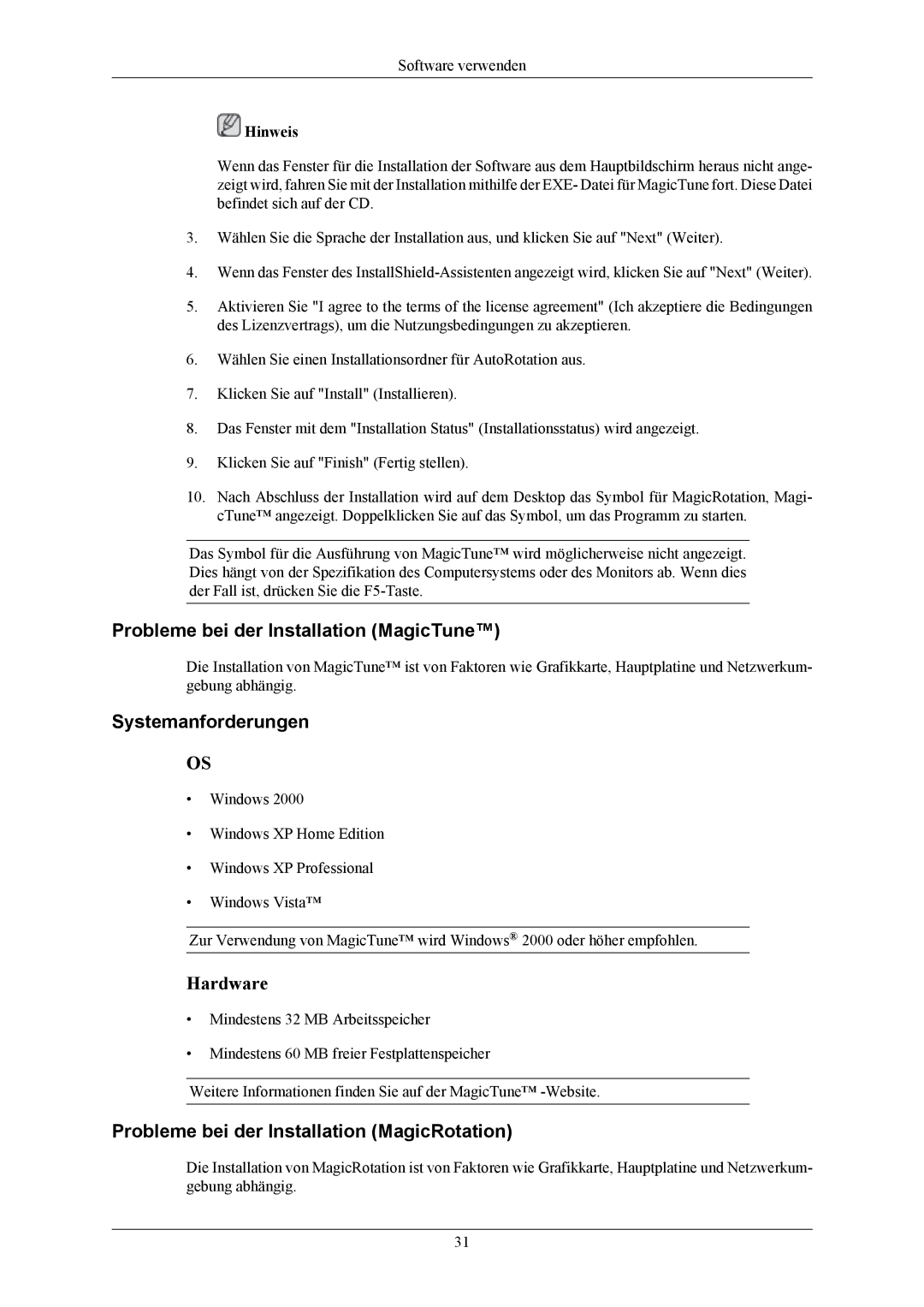 Samsung LS26KIERBQ/EDC, LS26KIERBV/EDC, LS24KIEEFV/EDC manual Probleme bei der Installation MagicTune, Systemanforderungen 