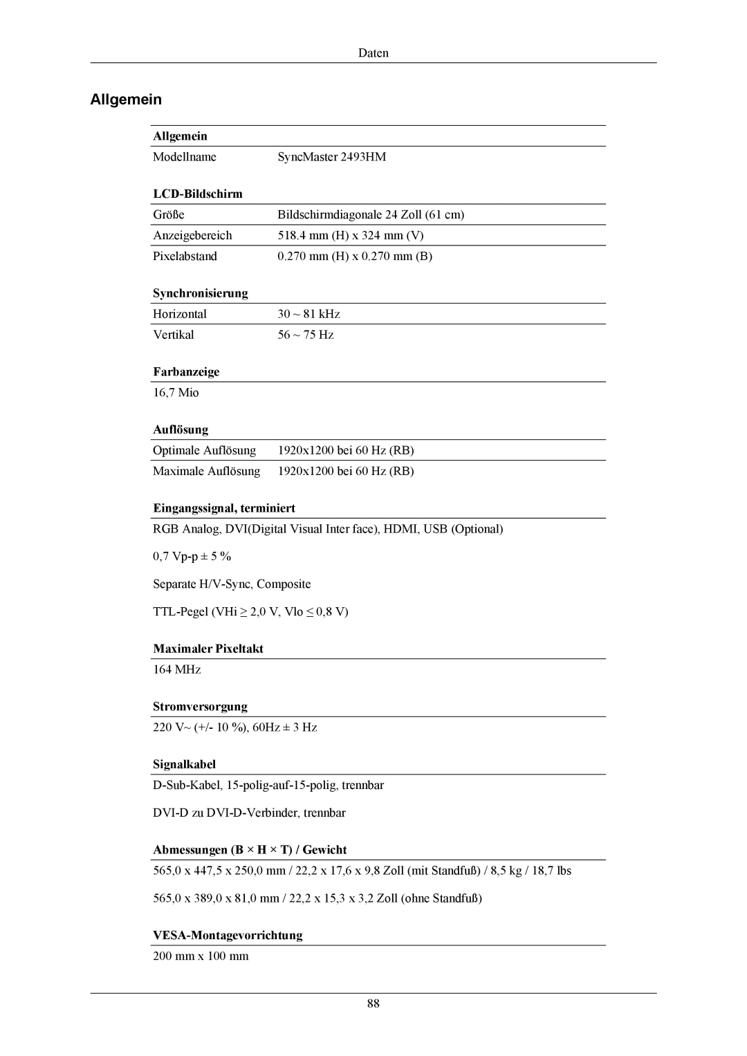 Samsung LS26KIEEFV/EDC, LS26KIERBV/EDC, LS24KIEEFV/EDC, LS24KIERBQ/EDC, LS26KIERFV/EDC manual Modellname SyncMaster 2493HM 