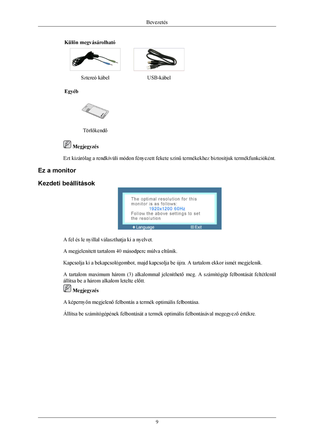 Samsung LS26KIERFV/EDC, LS26KIERBV/EDC, LS24KIEEFV/EDC, LS24KIERBQ/EDC manual Ez a monitor Kezdeti beállítások, Egyéb 