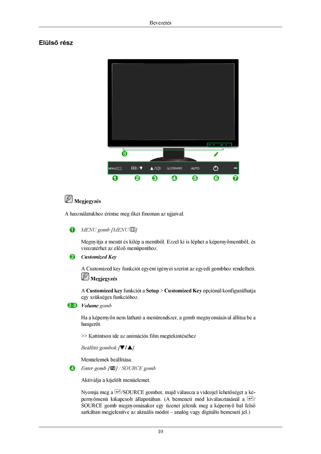 Samsung LS26KIERBQ/EDC, LS26KIERBV/EDC, LS24KIEEFV/EDC, LS24KIERBQ/EDC, LS26KIERFV/EDC manual Elülső rész, Menu gomb Menu 