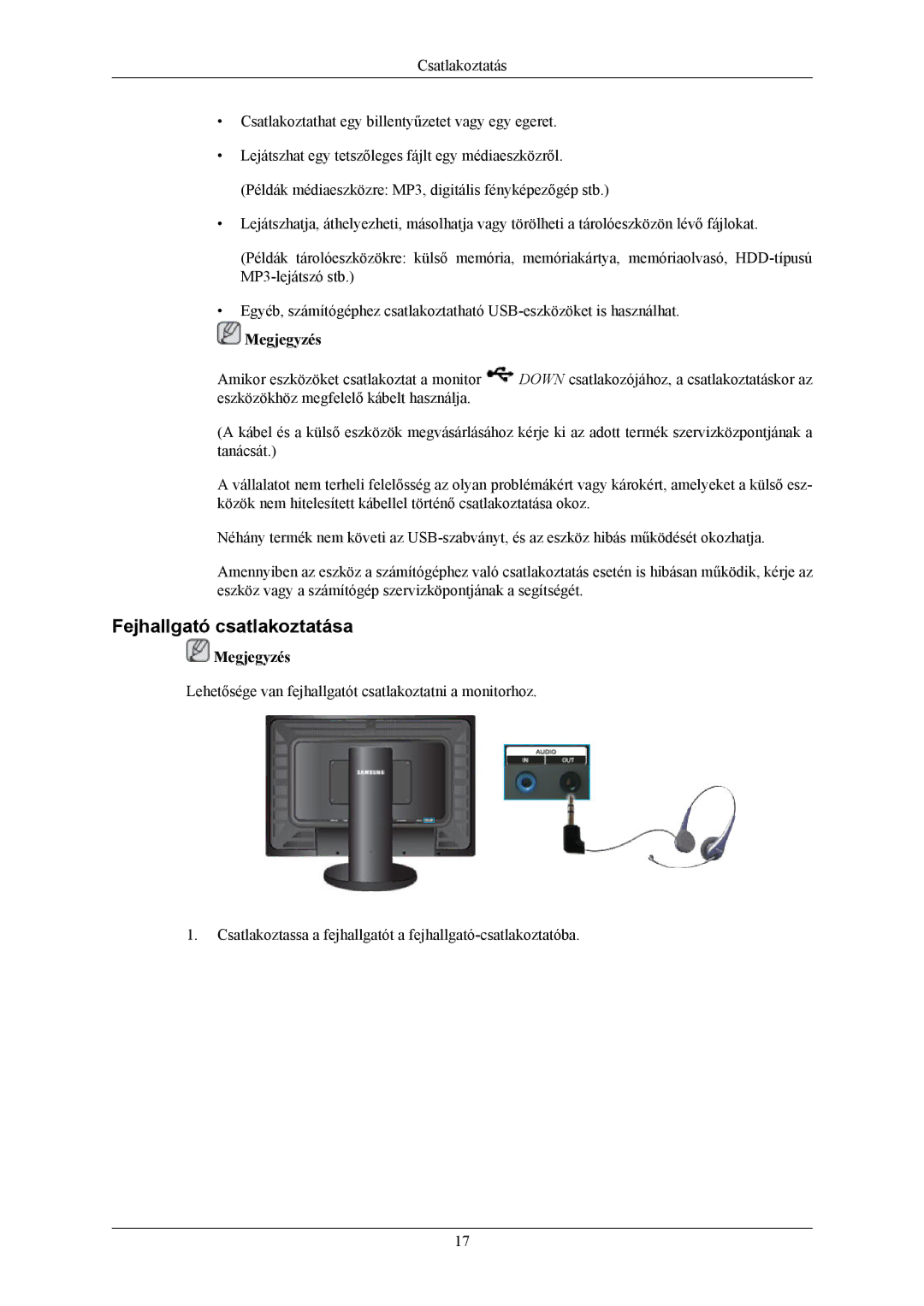 Samsung LS26KIERBQ/EDC, LS26KIERBV/EDC, LS24KIEEFV/EDC, LS24KIERBQ/EDC, LS26KIERFV/EDC manual Fejhallgató csatlakoztatása 