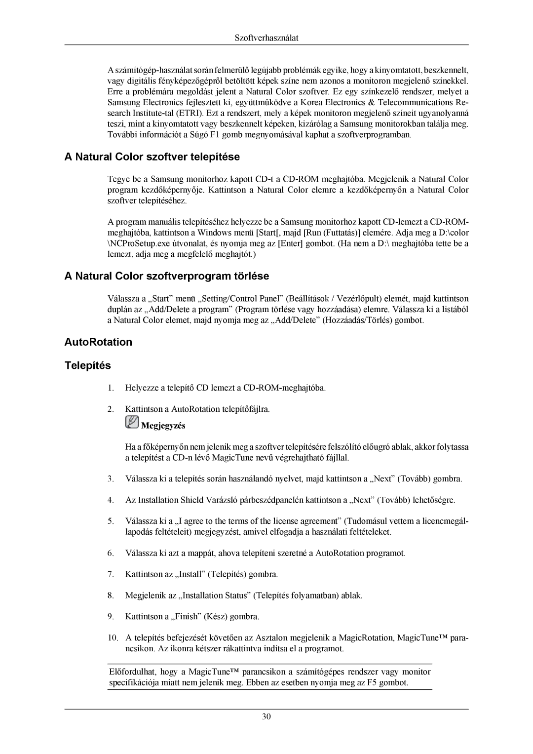 Samsung LS26KIERFV/EDC Natural Color szoftver telepítése, Natural Color szoftverprogram törlése, AutoRotation Telepítés 