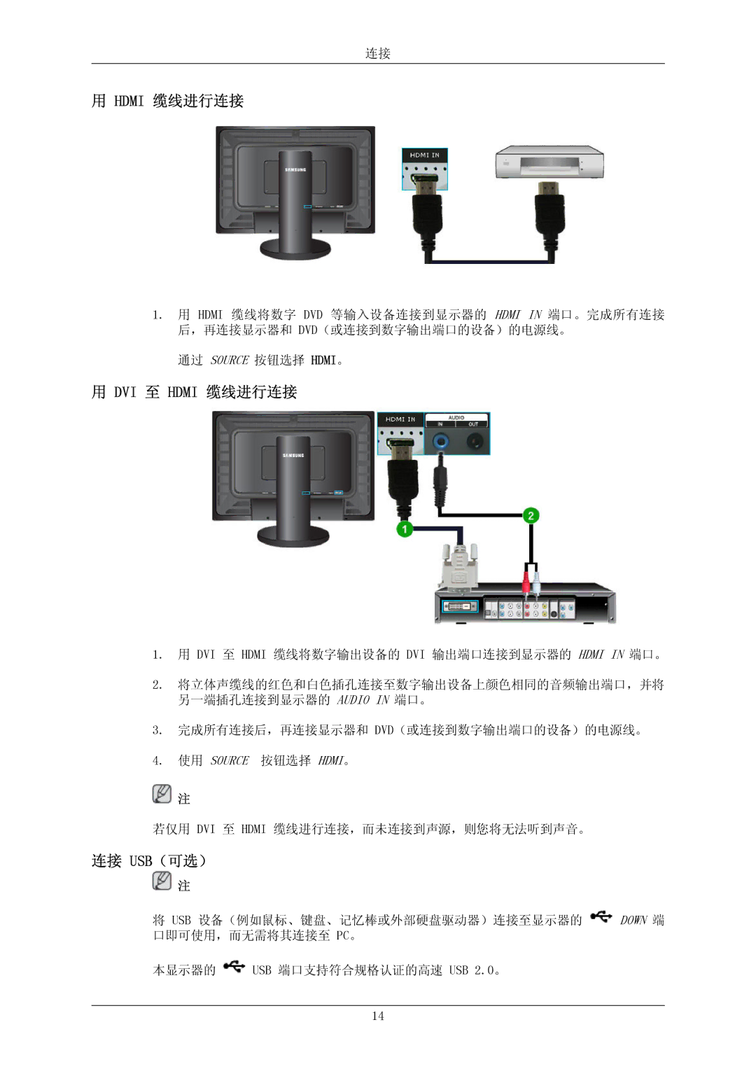 Samsung LS24KIEEFV/EDC, LS26KIERBV/EDC, LS24KIERBQ/EDC, LS26KIERFV/EDC, LS26KIERBQ/EDC manual DVI 至 Hdmi 缆线进行连接, 连接 Usb（可选） 