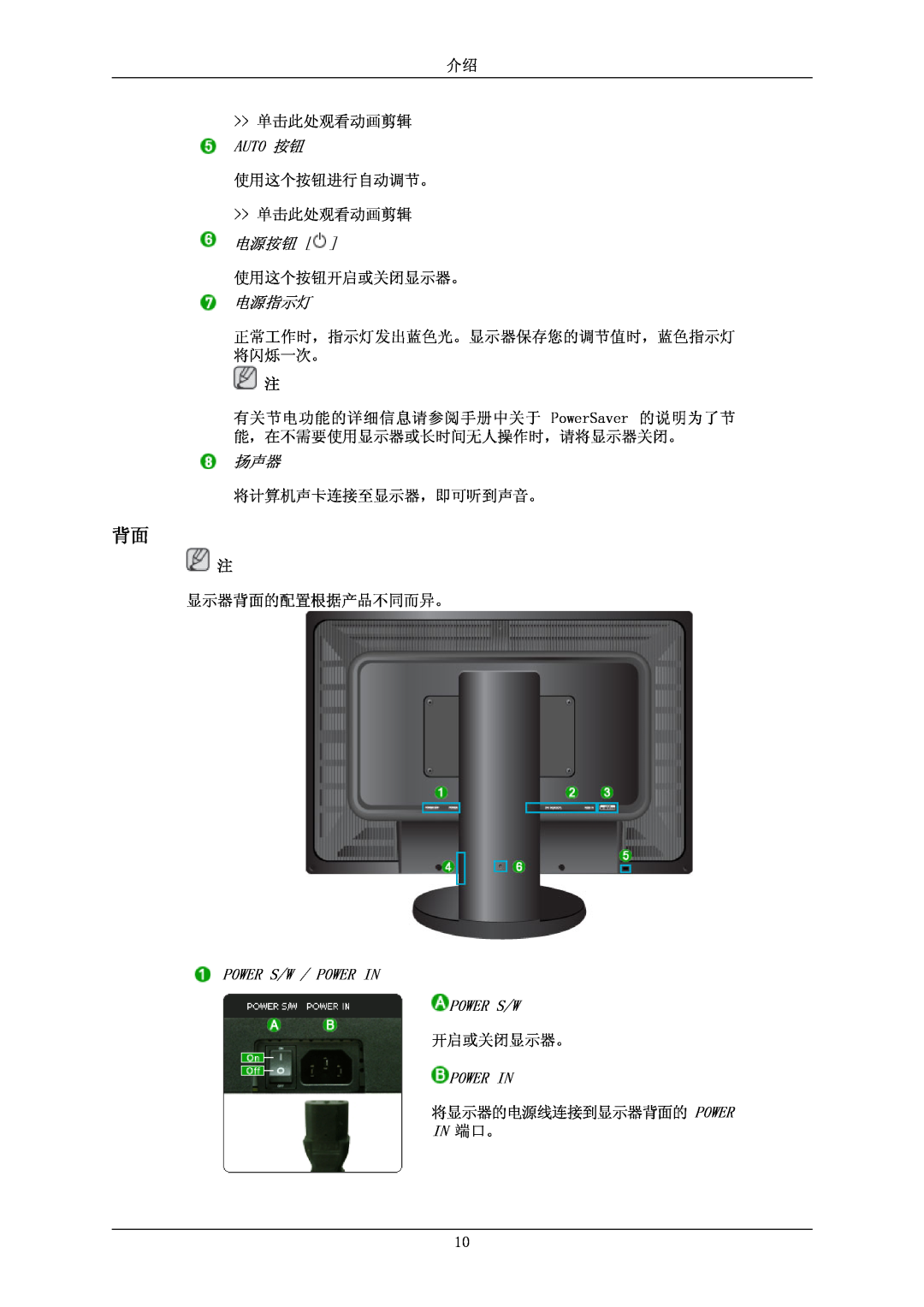 Samsung LS26KIERBQ/EDC manual 介绍 单击此处观看动画剪辑 Auto 按钮 使用这个按钮进行自动调节。 单击此处观看动画剪辑, 电源按钮, 将计算机声卡连接至显示器，即可听到声音。, 显示器背面的配置根据产品不同而异。 