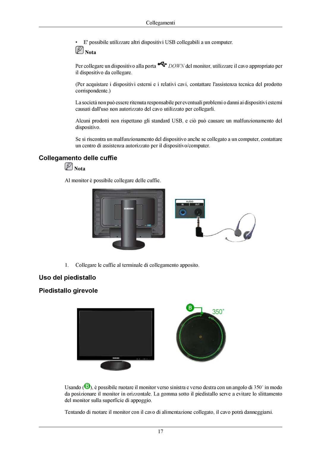 Samsung LS24KIERBQ/EDC, LS26KIERBV/EDC, LS24KIEEFV/EDC Collegamento delle cuffie, Uso del piedistallo Piedistallo girevole 