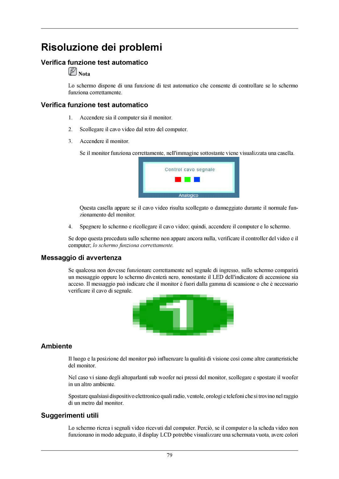 Samsung LS32BHPNS/EDC manual Verifica funzione test automatico, Messaggio di avvertenza, Ambiente, Suggerimenti utili 