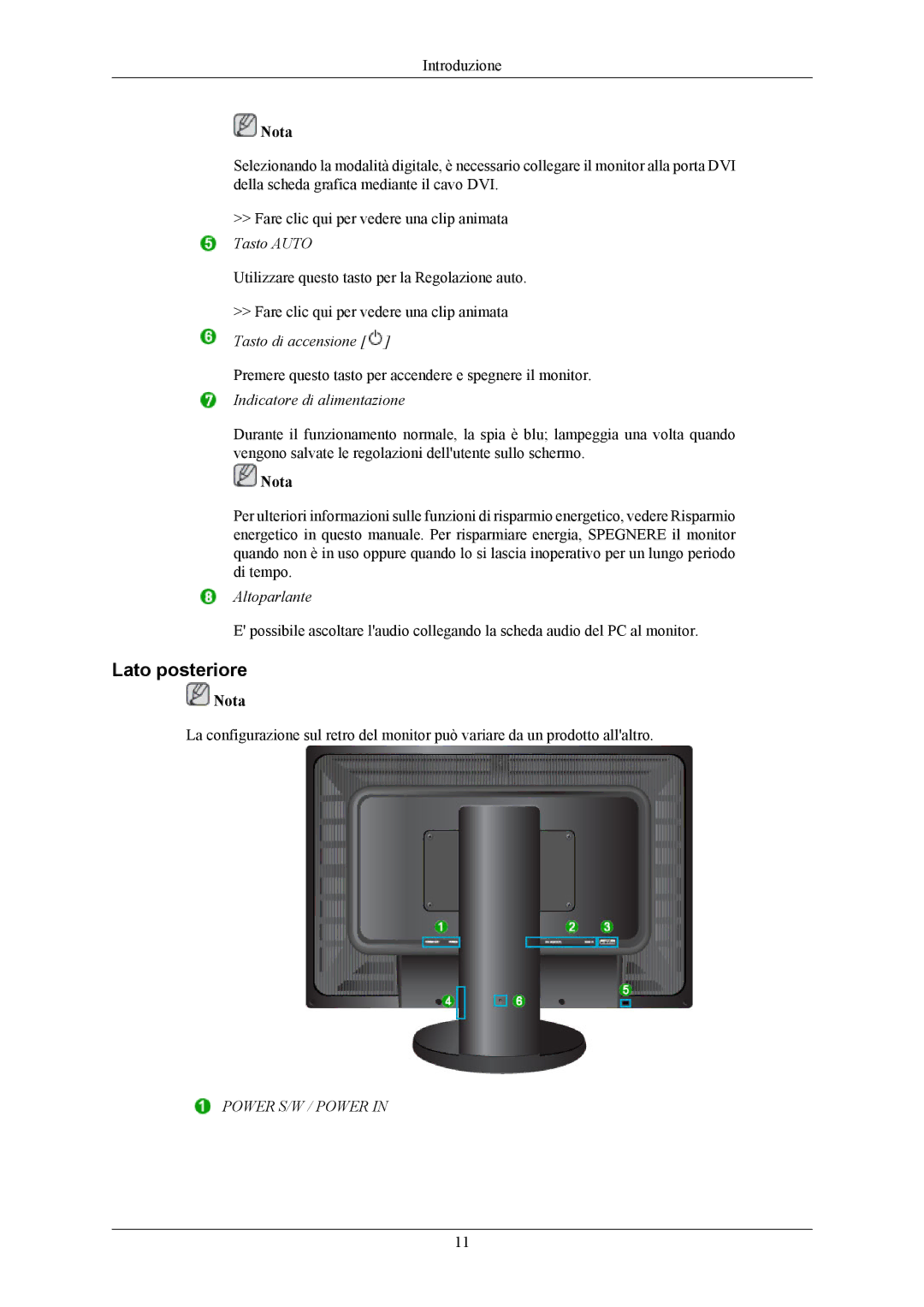 Samsung LS32BHPNS/EDC, LS26KIERBV/EDC, LS24KIEEFV/EDC, LS24KIERBQ/EDC manual Lato posteriore, Indicatore di alimentazione 