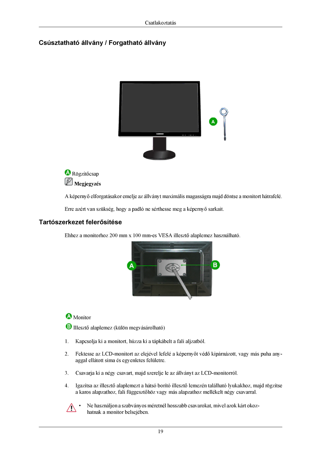 Samsung LS24KIERBQ/EDC, LS26KIERBV/EDC manual Csúsztatható állvány / Forgatható állvány, Tartószerkezet felerősítése 