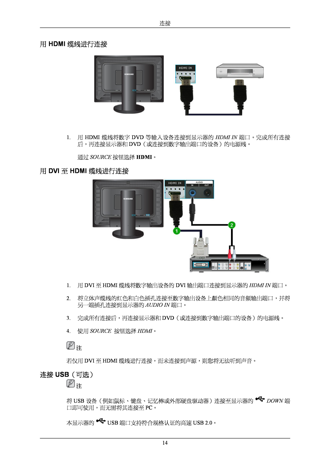 Samsung LS26KIEEFV/EDC, LS26KIERBV/EDC manual 用 Hdmi 缆线进行连接, 用 Dvi 至 Hdmi 缆线进行连接, 连接 Usb（可选）, 4. 使用 SOURCE 按钮选择 HDMI。 