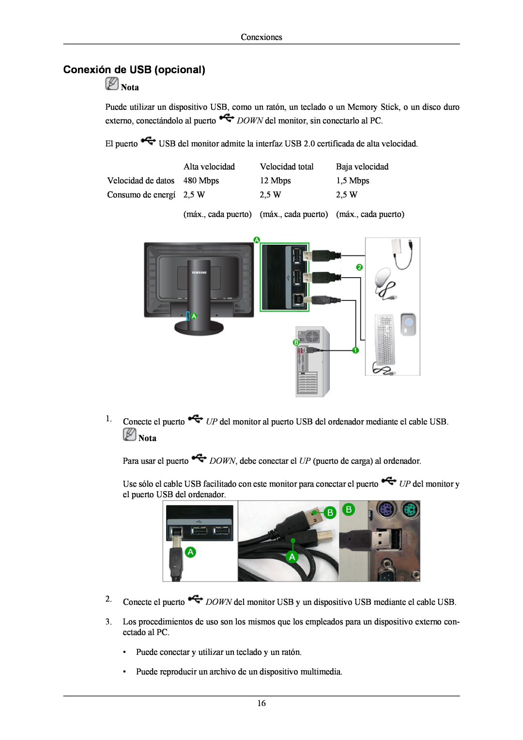 Samsung LS26KIERBV/EDC, LS32BHLNB/EDC, LS24KIEEFV/EDC, LS24KIERBQ/EDC, LS32BHLNS/EDC manual Conexión de USB opcional, Nota 
