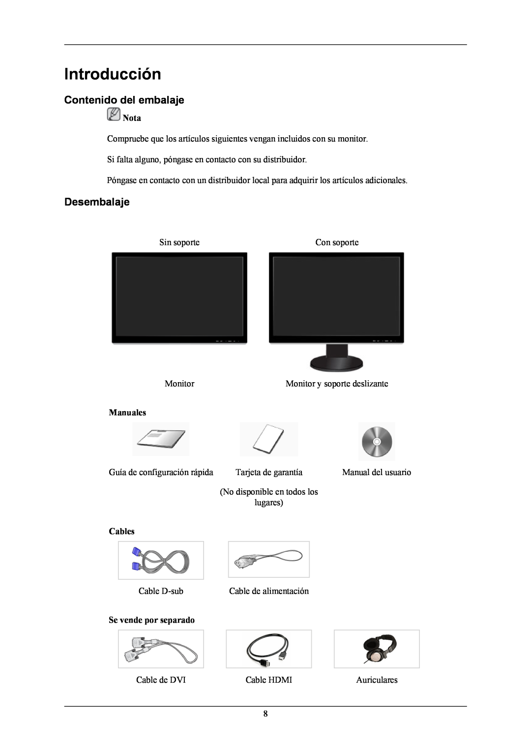 Samsung LS24KIEEFV/EDC Introducción, Contenido del embalaje, Desembalaje, Nota, Manuales, Cables, Se vende por separado 