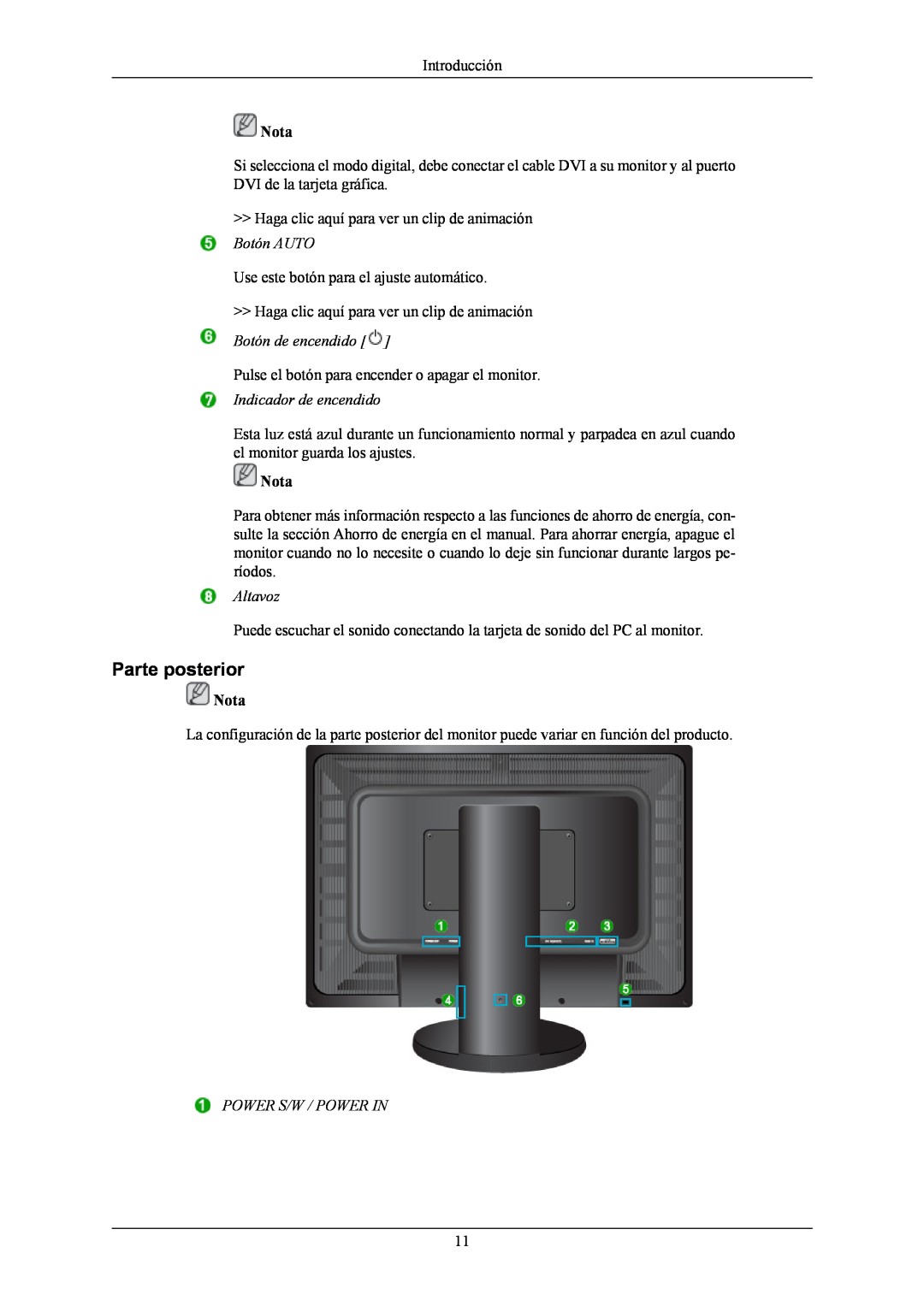 Samsung LS32BHYNS/EDC Parte posterior, Botón de encendido, Indicador de encendido, Altavoz, Power S/W / Power In, Nota 