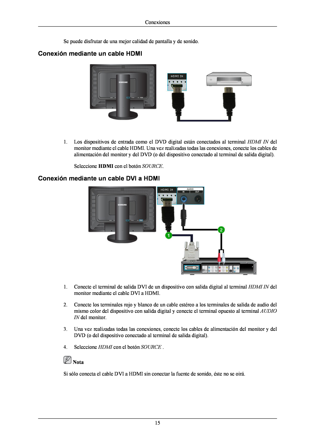 Samsung LS24KIERFV/EDC, LS26KIERBV/EDC manual Conexión mediante un cable HDMI, Conexión mediante un cable DVI a HDMI, Nota 