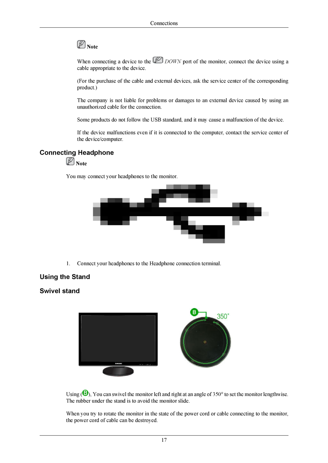 Samsung LS32BHPNS/EDC, LS26KIERBV/EDC, LS32BHLNBF/EDC, LS32BHLNB/EDC manual Connecting Headphone, Using the Stand Swivel stand 