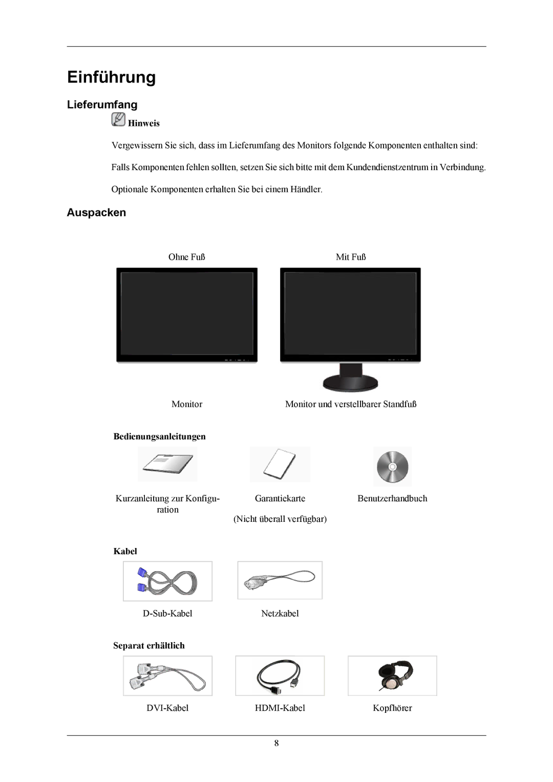 Samsung LS32BHLNB/EDC, LS26KIERBV/EDC, LS32BHLNBF/EDC, LS32BHRNSF/EDC, LS32BHLNSF/EDC, LS24KIEEFV/EDC Lieferumfang, Auspacken 