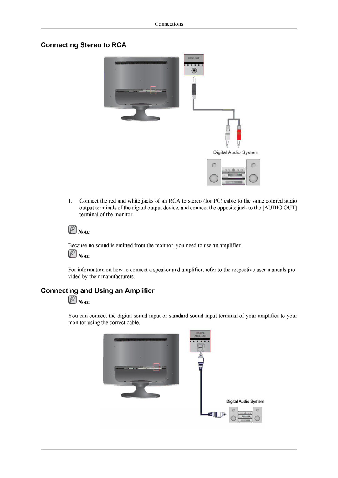 Samsung LS24TWHSUVRXJ, LS26TWHSUVRXJ, LS26TWQSUVRXJ manual Connecting Stereo to RCA, Connecting and Using an Amplifier 