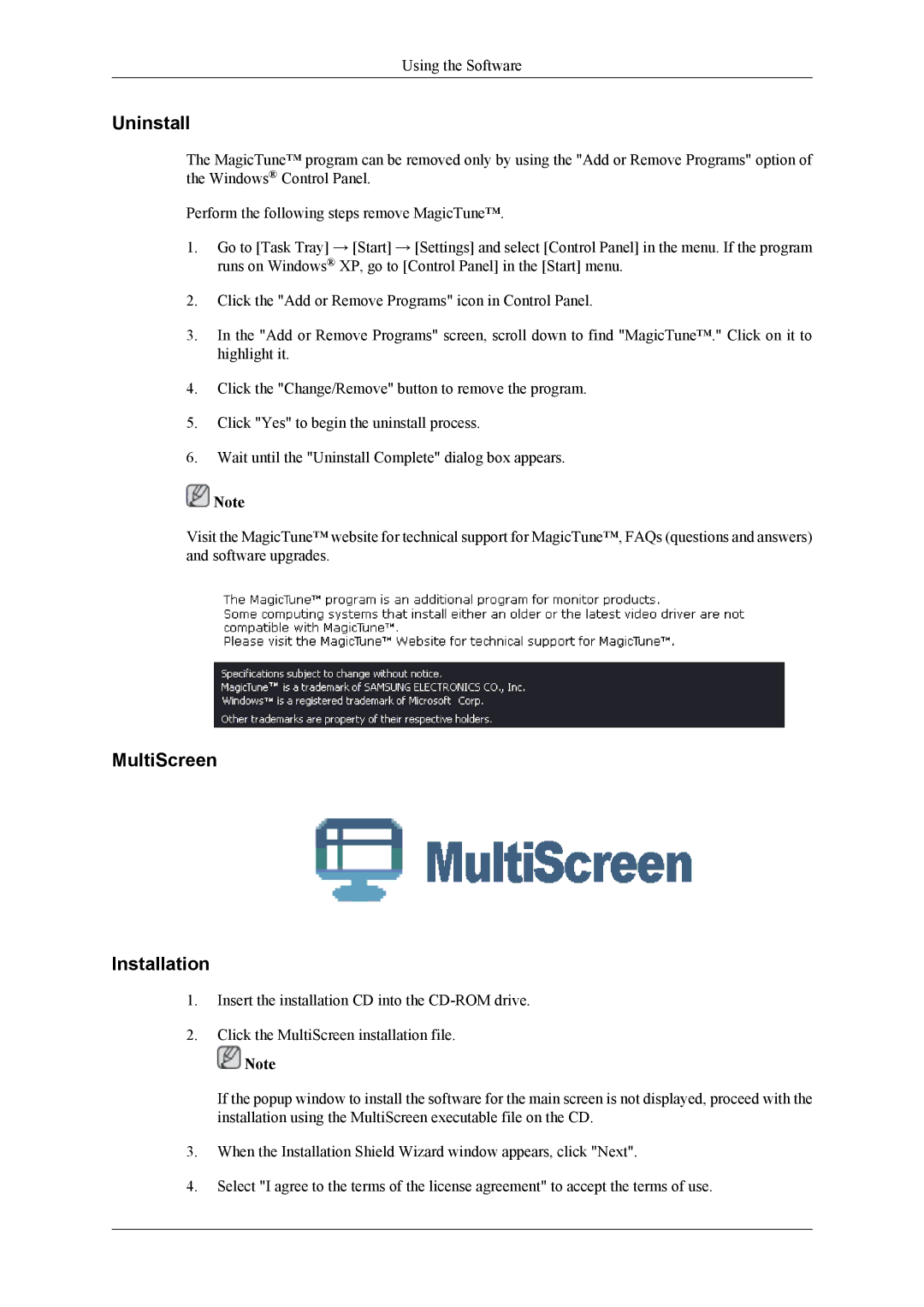 Samsung LS24TWQSU2/CI, LS26TWHSUVRXJ, LS26TWQSUVRXJ, LS24TWHSUVRXJ, LS24TWQSUVRXJ manual Uninstall, MultiScreen Installation 