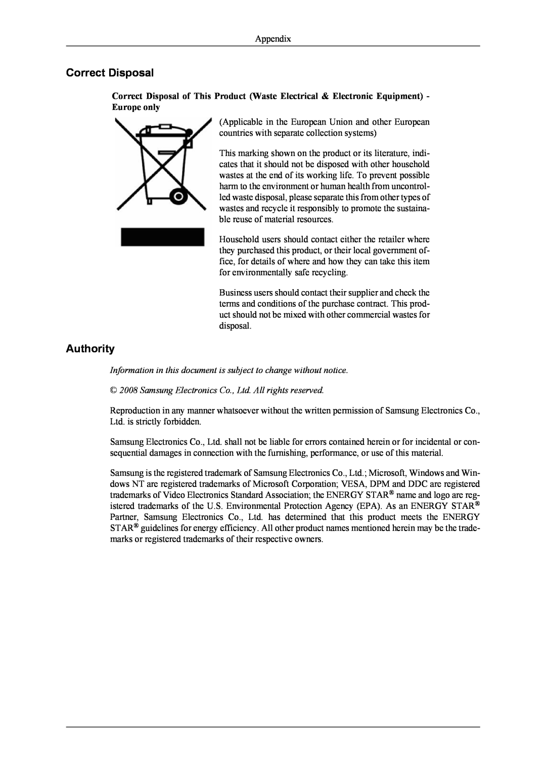 Samsung LS26TWHSUV/UF manual Correct Disposal, Authority, Information in this document is subject to change without notice 