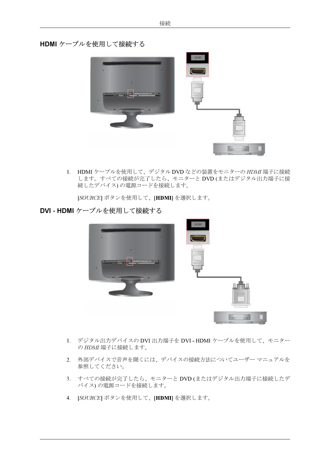 Samsung LS26TWQSUVRXJ, LS26TWHSUVRXJ, LS24TWHSUVRXJ, LS24TWQSUVRXJ manual DVI Hdmi ケーブルを使用して接続する 