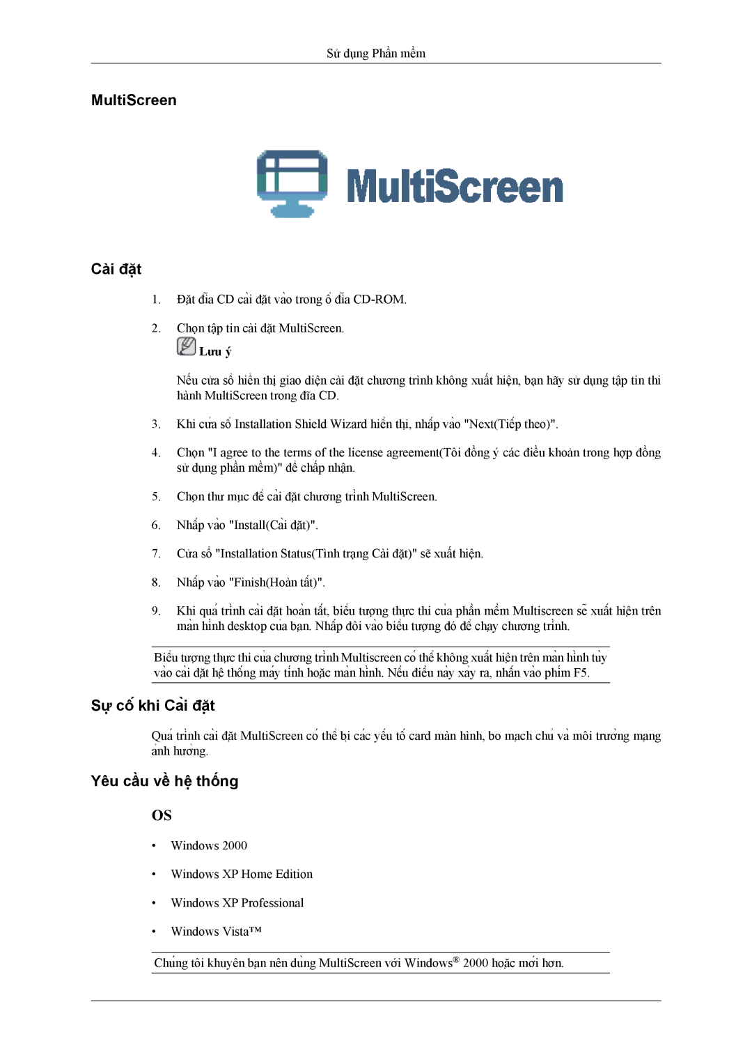 Samsung LS26TWHSUV/XV manual MultiScreen Cài đặt 