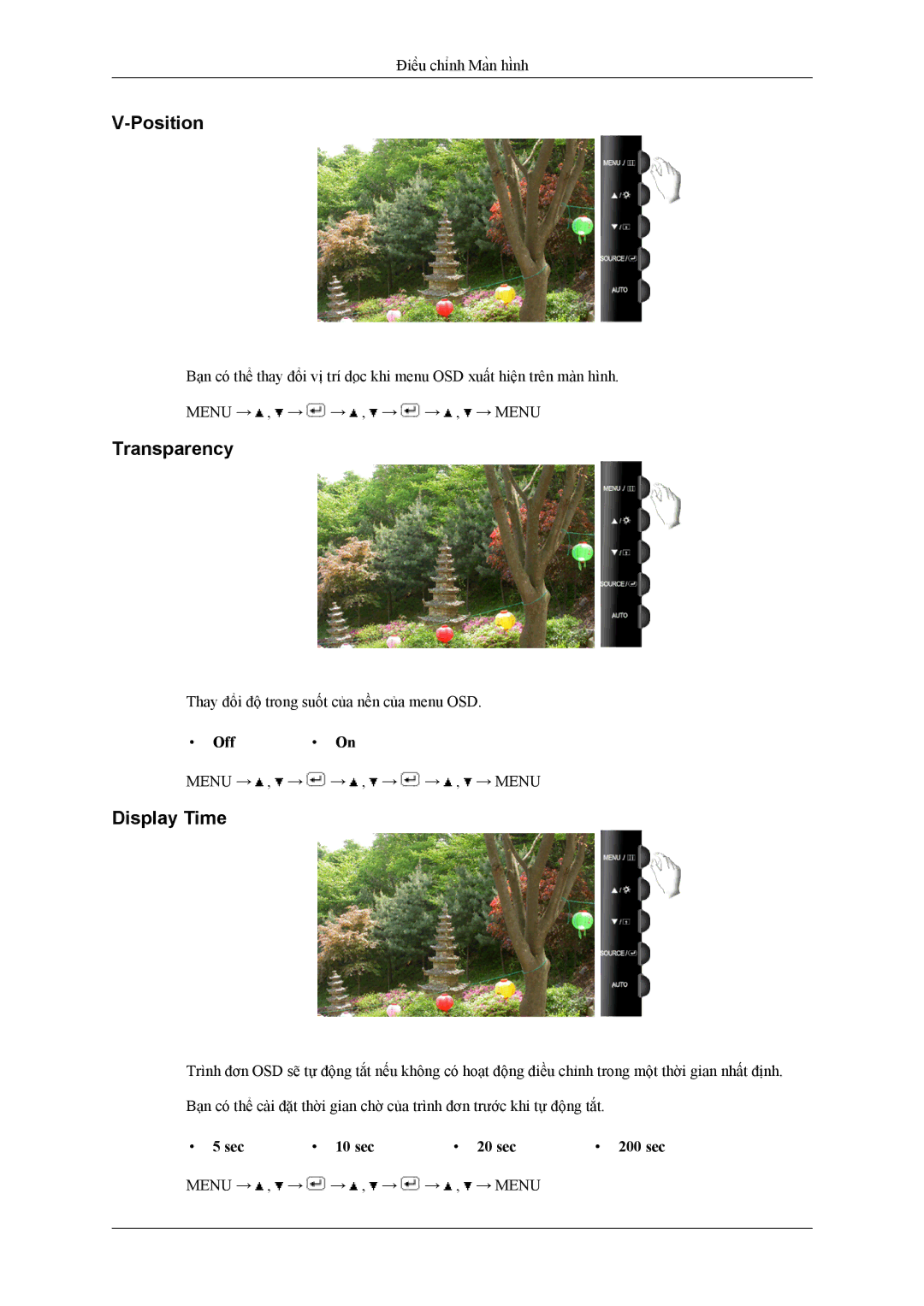 Samsung LS26TWHSUV/XV manual Transparency, Display Time, Off On, Sec 10 sec 20 sec 200 sec 