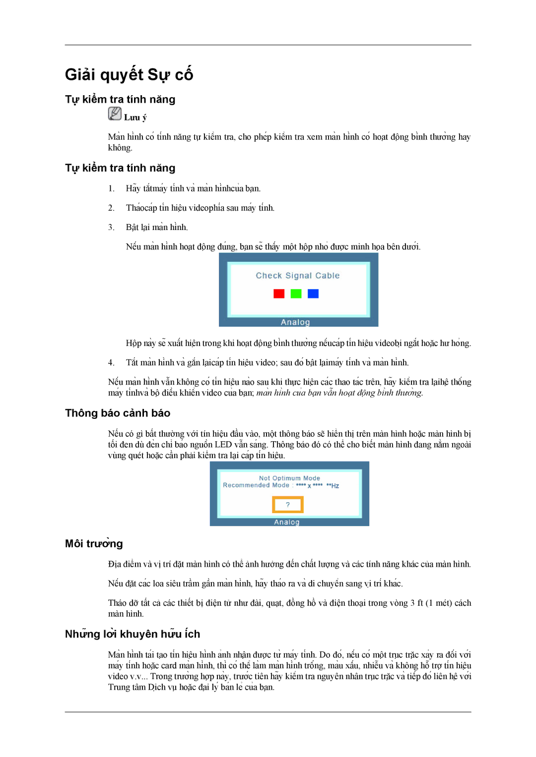 Samsung LS26TWHSUV/XV manual Giải quyết Sự cố, Tự̣ kiểm tra tính năng, Thông báo cảnh báo, Môi trường 