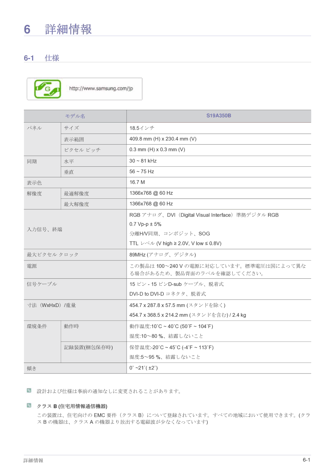 Samsung LS24A350HSH/XJ, LS27A350HSH/XJ, LS22A350HSH/XJ, LS23A350HSH/XJ manual S19A350B, クラス B 住宅用情報通信機器 