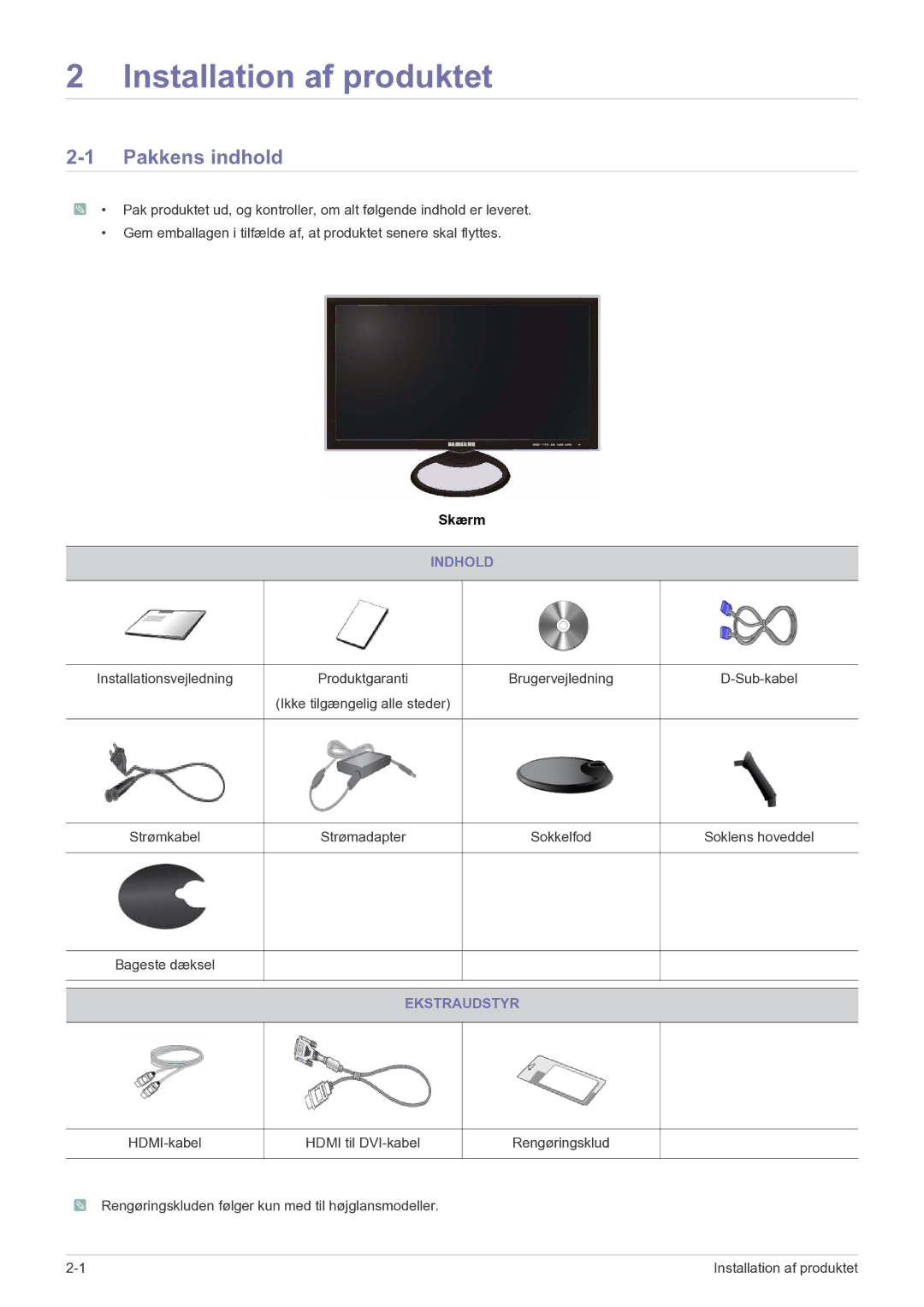 Samsung LS27A550HS/EN manual Installation af produktet, Pakkens indhold, Indhold, Ekstraudstyr 