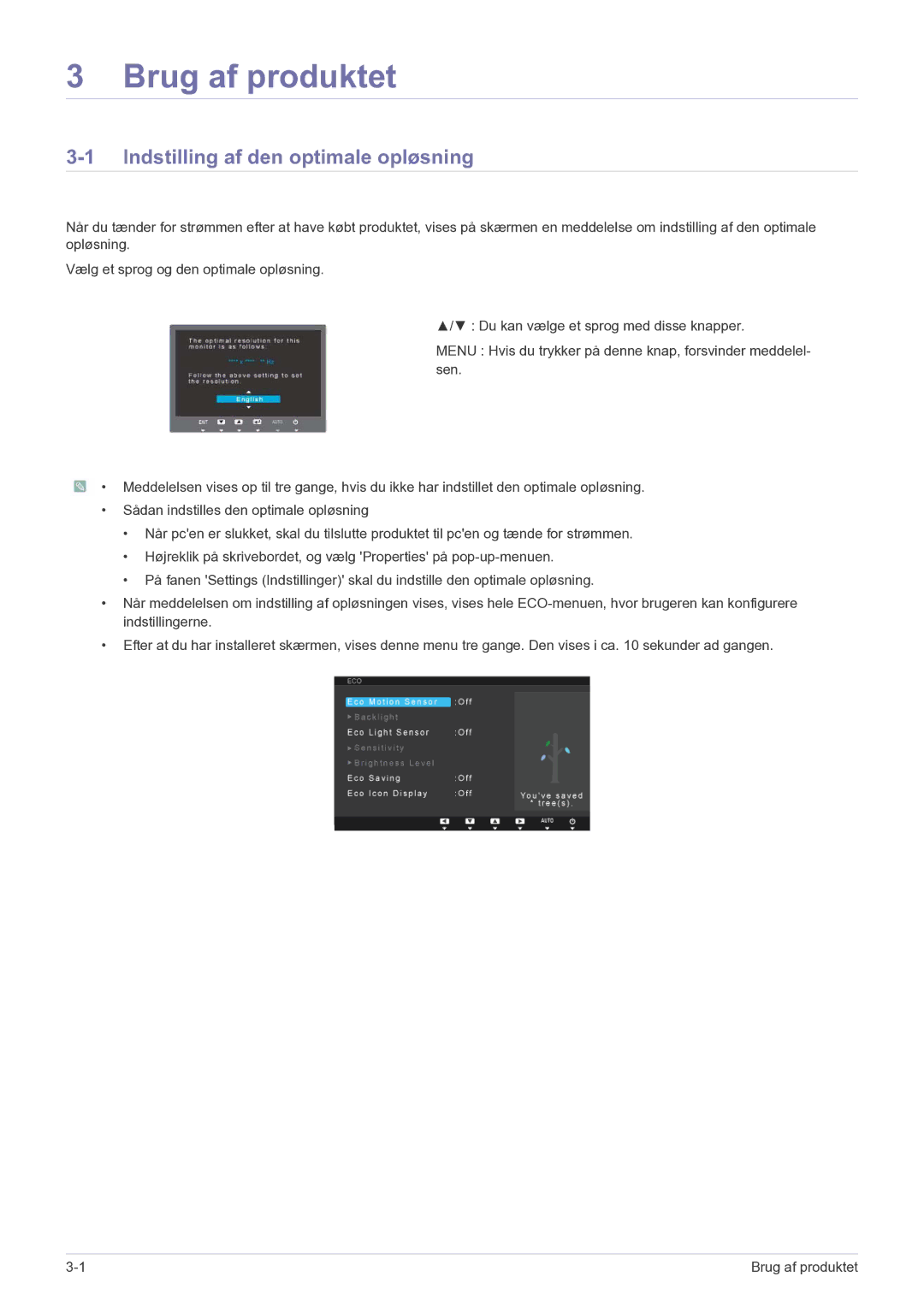 Samsung LS27A550HS/EN manual Brug af produktet, Indstilling af den optimale opløsning 