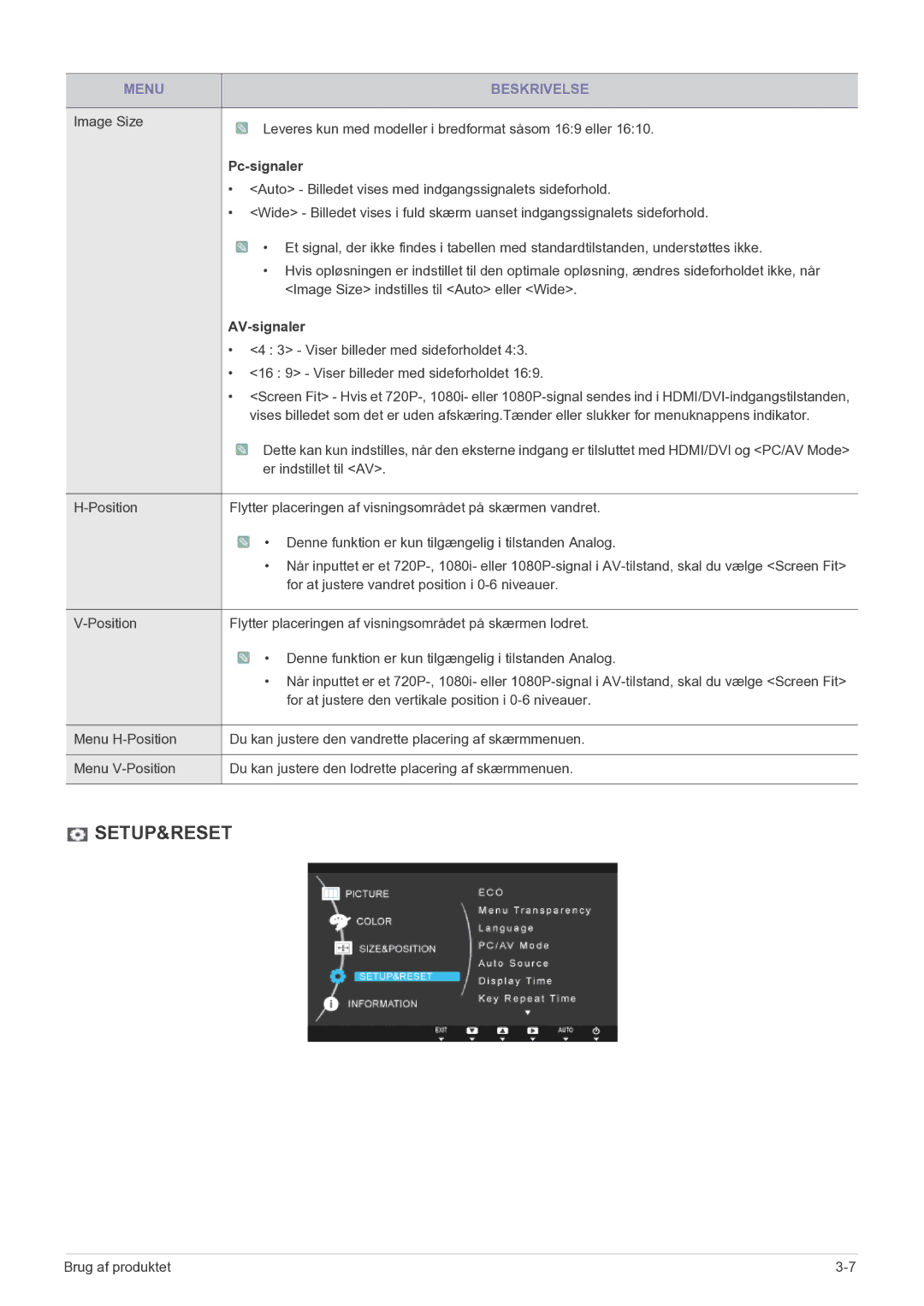 Samsung LS27A550HS/EN manual Setup&Reset, AV-signaler 