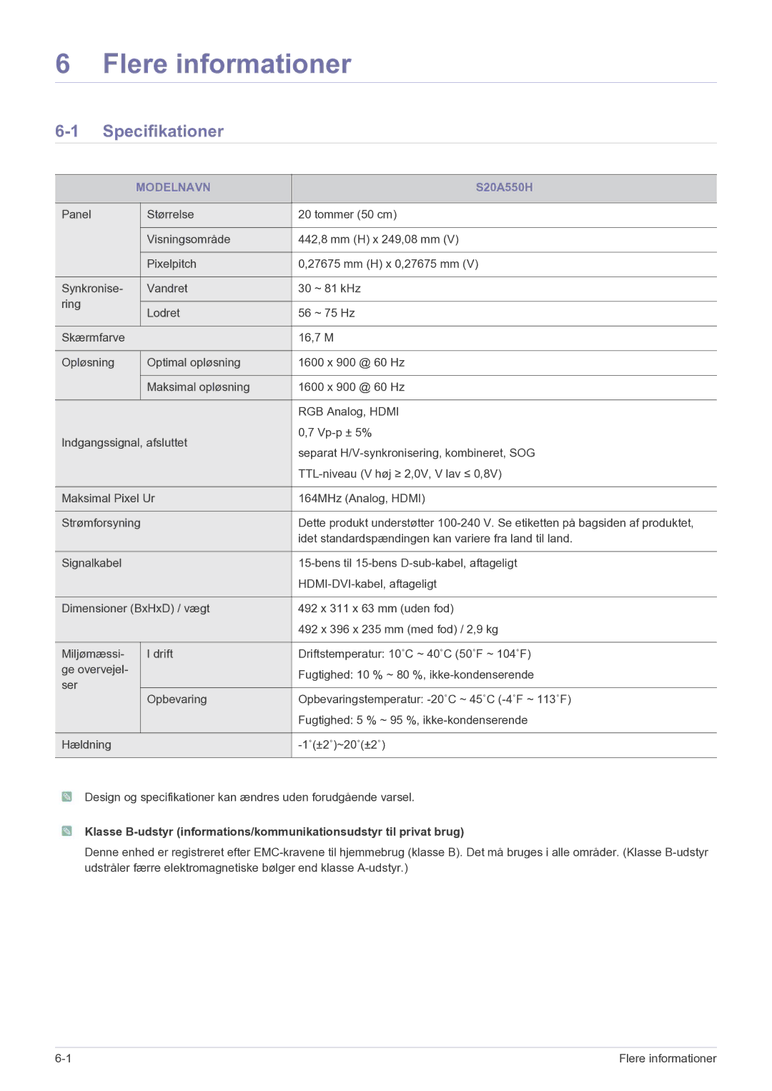 Samsung LS27A550HS/EN manual Flere informationer, Specifikationer, Modelnavn 