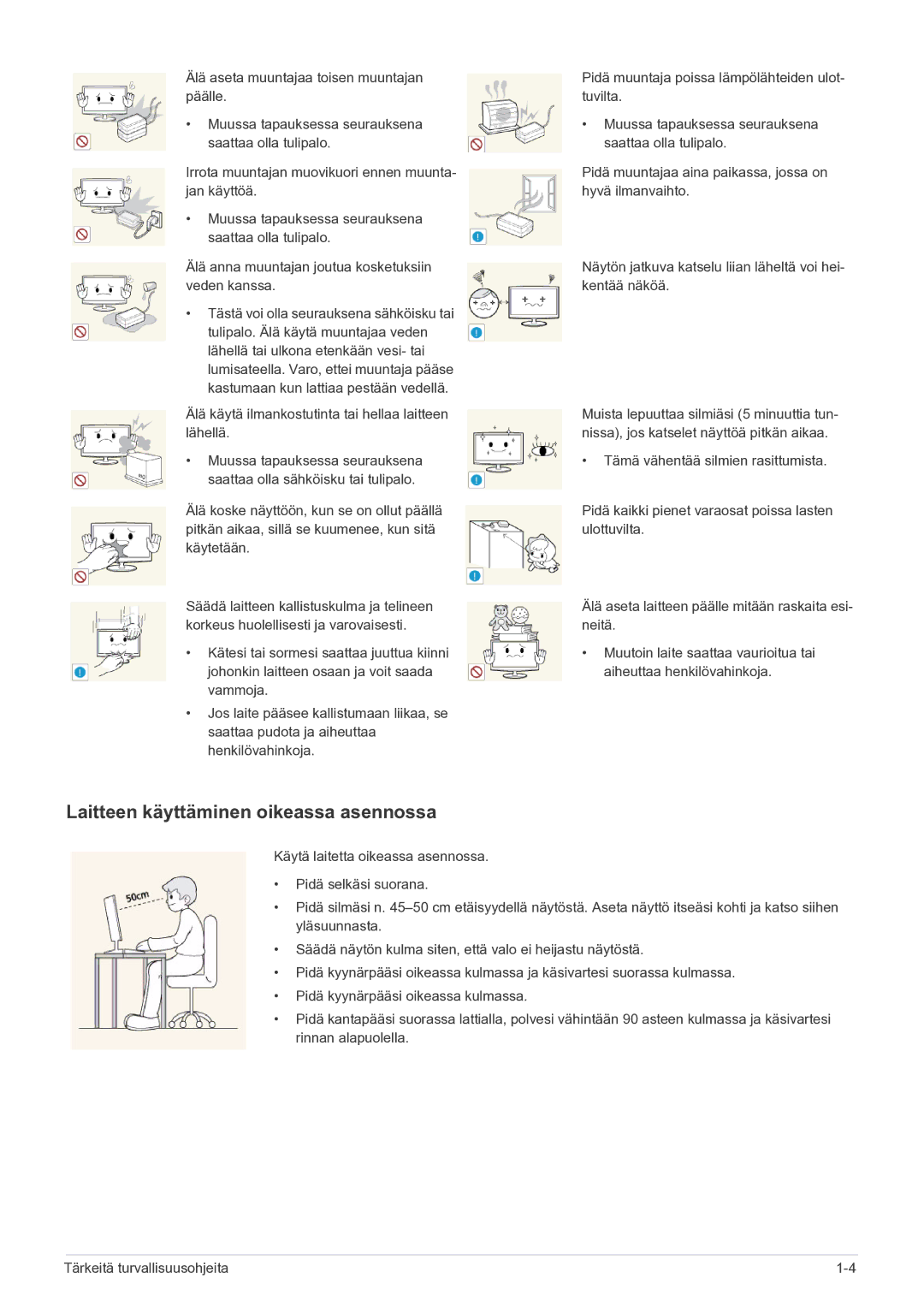 Samsung LS27A550HS/EN manual Laitteen käyttäminen oikeassa asennossa 