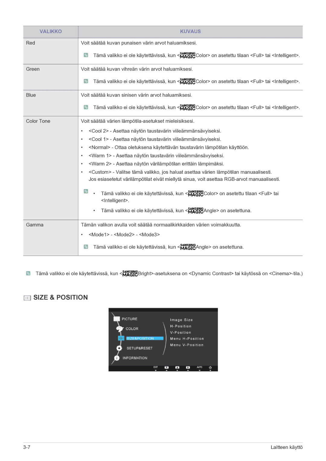 Samsung LS27A550HS/EN manual Size & Position 