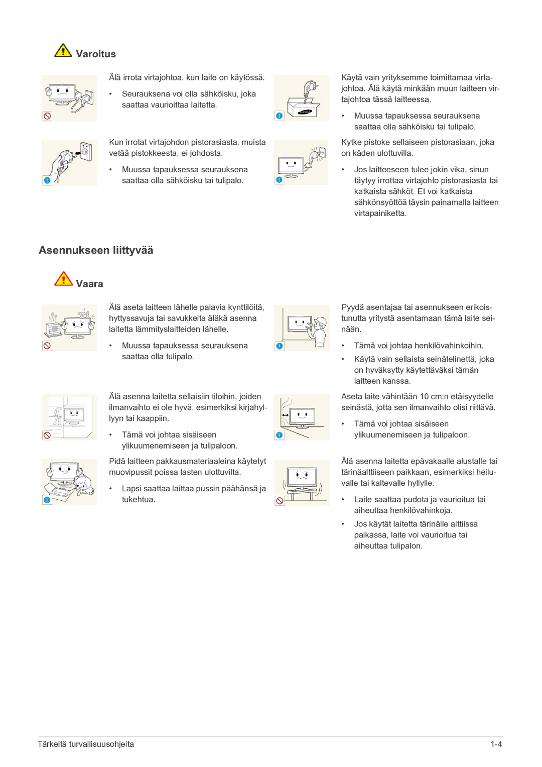 Samsung LS27A550HS/EN manual Asennukseen liittyvää, Varoitus 