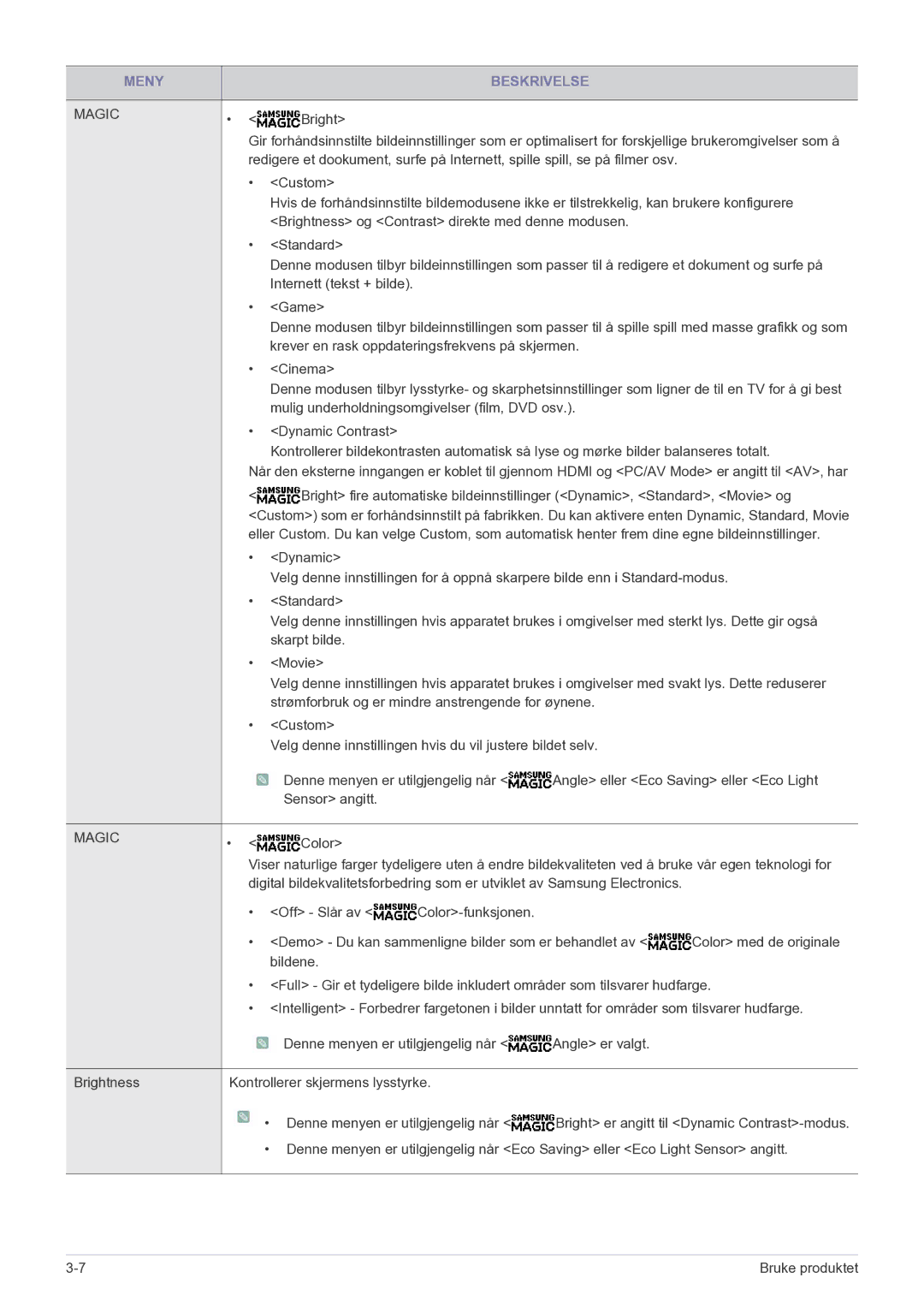 Samsung LS27A550HS/EN manual Kontrollerer skjermens lysstyrke 