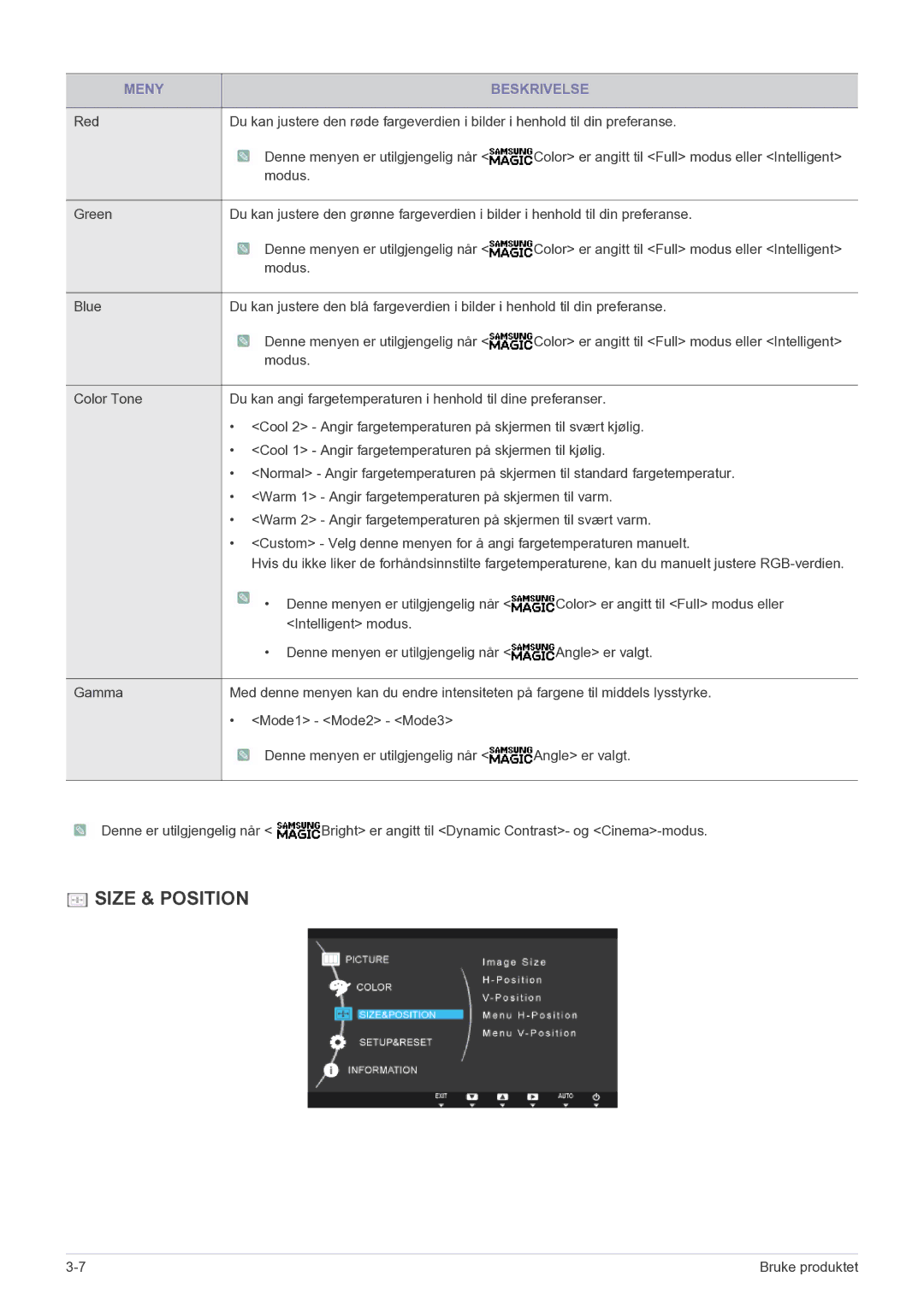 Samsung LS27A550HS/EN manual Size & Position 