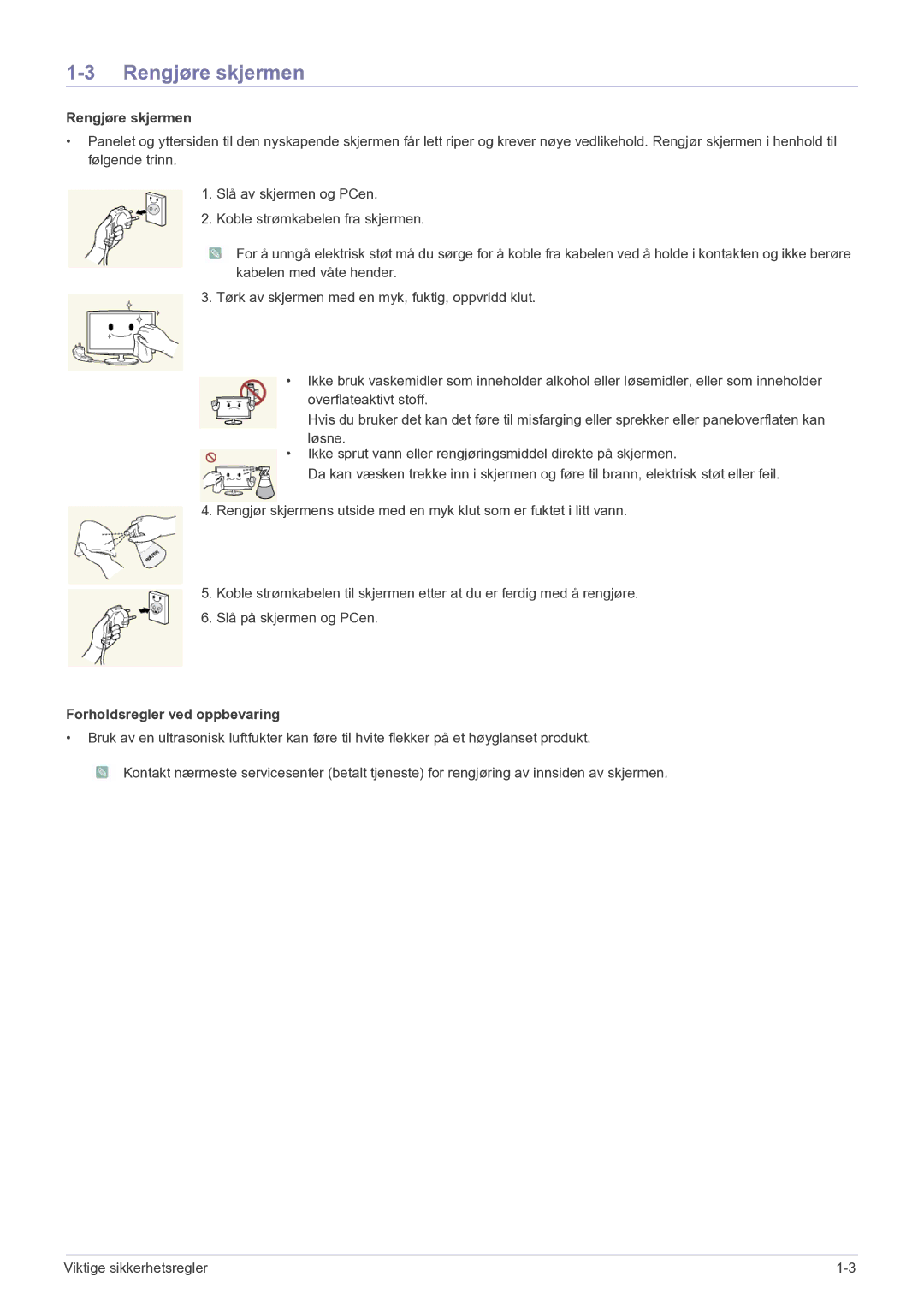 Samsung LS27A550HS/EN manual Rengjøre skjermen, Forholdsregler ved oppbevaring 