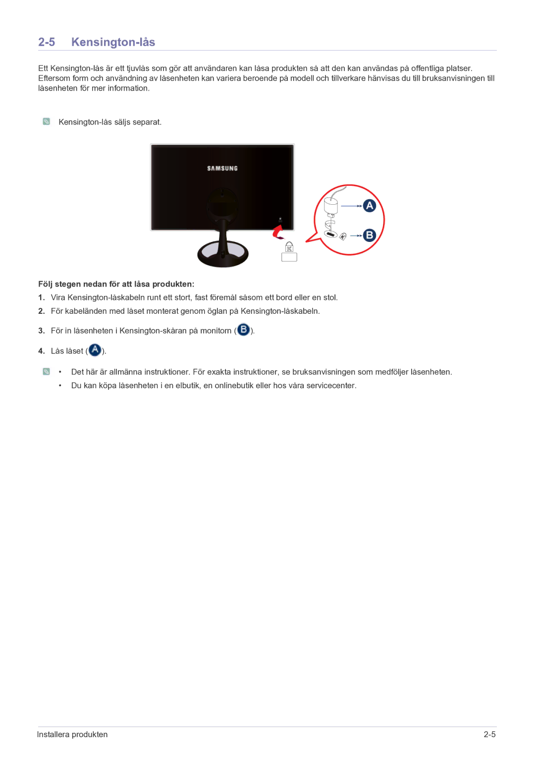 Samsung LS27A550HS/EN manual Kensington-lås, Följ stegen nedan för att låsa produkten 