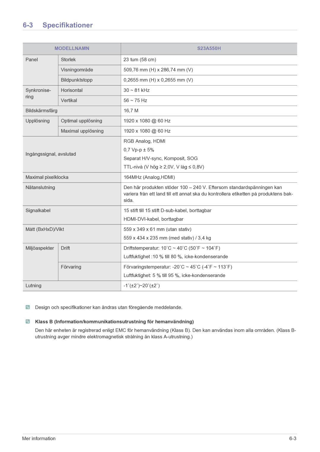 Samsung LS27A550HS/EN manual S23A550H 